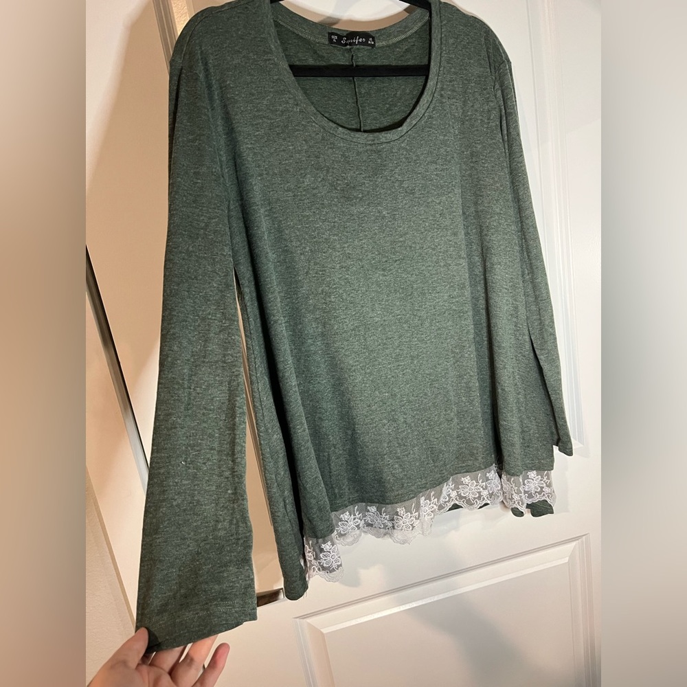 Sanifer Dark Olive Green Elongated Blouse Trimmed in White Lace - Size XL